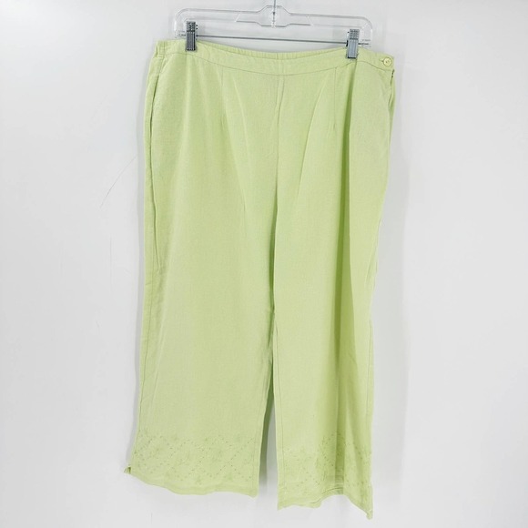 Rachel Rose Pants - Rachel Rose Green Linen Eyelet Embroidered Wide Leg Pants